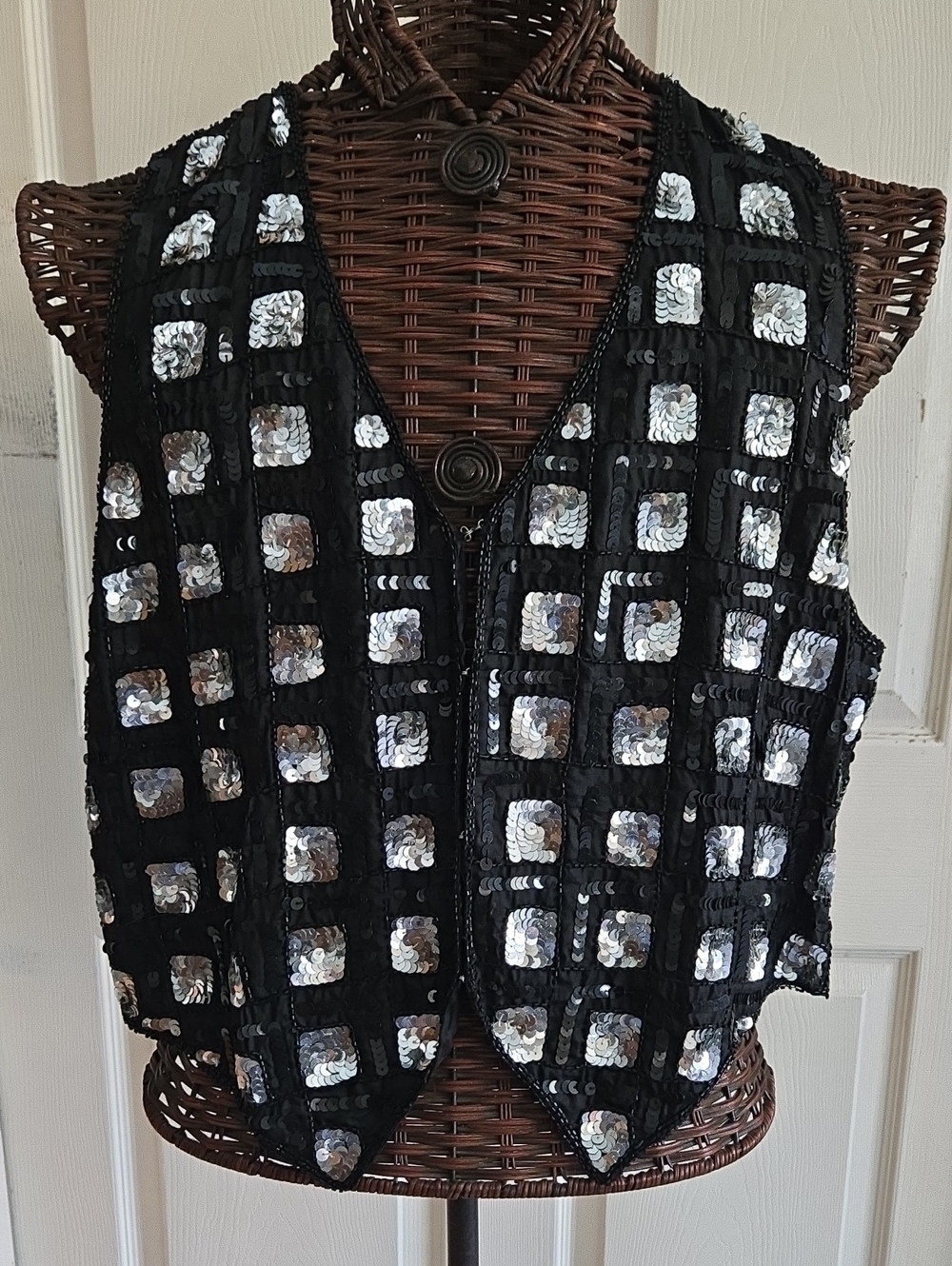Black Sequin Grid V-Neck Vest with Silver Accents
